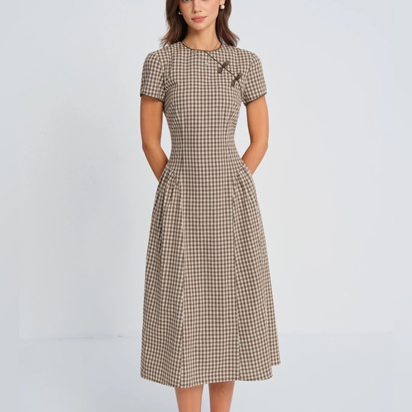 RIHOAS Dresses & Skirts - RIHOAS Brown and Cream Gingham Midi Dress